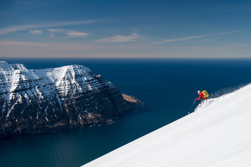 Heliskiing by the sea in Iceland.